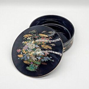 National Silver Co. Nagoya Japan Round Black Floral Ceramic Box